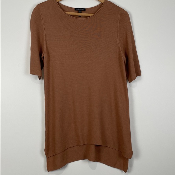 Eileen Fisher Rich Brown Short Sleeve Knit Top Tunic Elbow High Low Hem Minimal - Picture 1 of 6